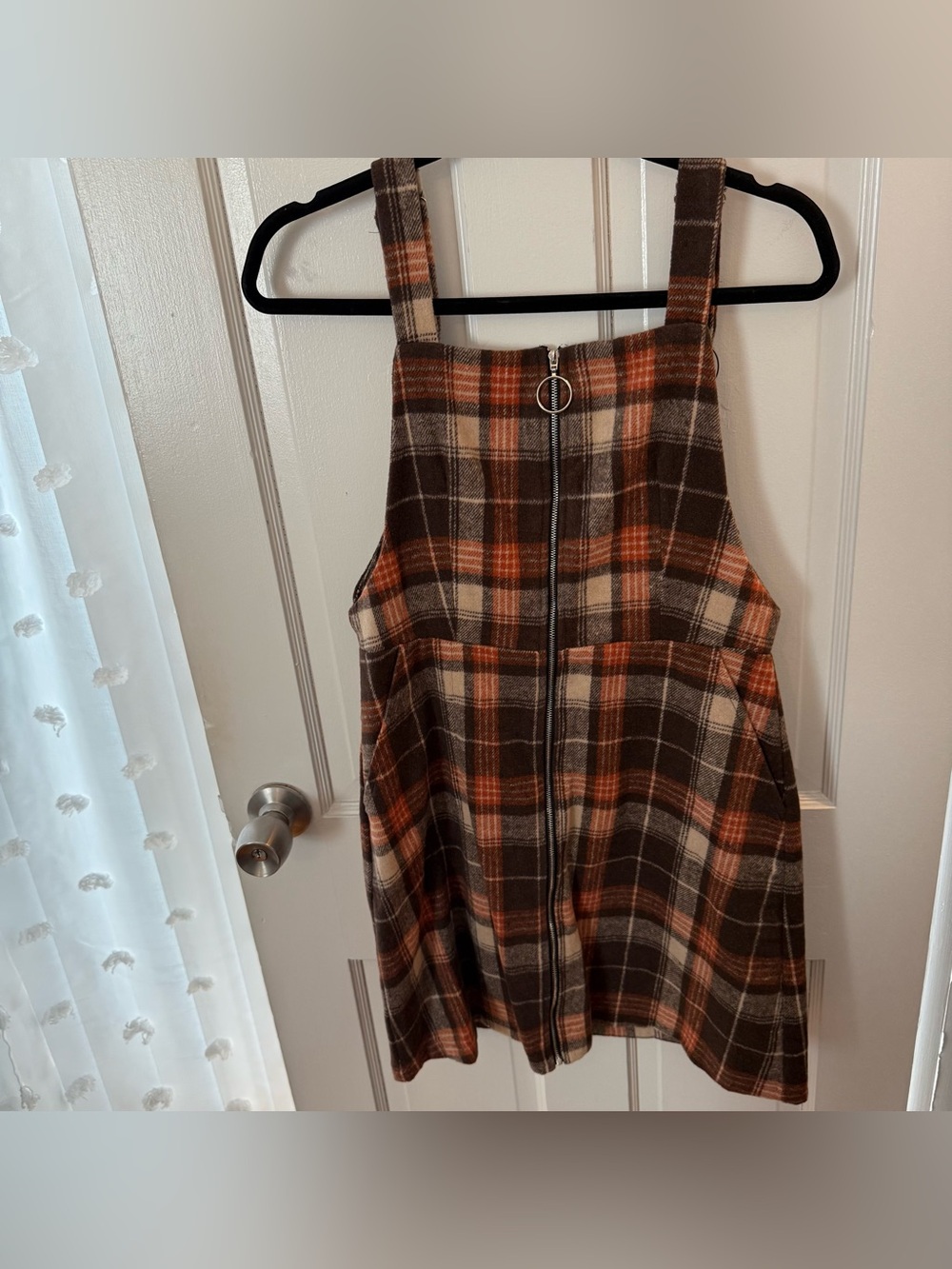 SHEIN Brown Orange Plaid Mini Pinafore Dress
